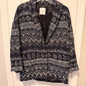 Mango Women's Navy and White Patterned Oversized Blazer